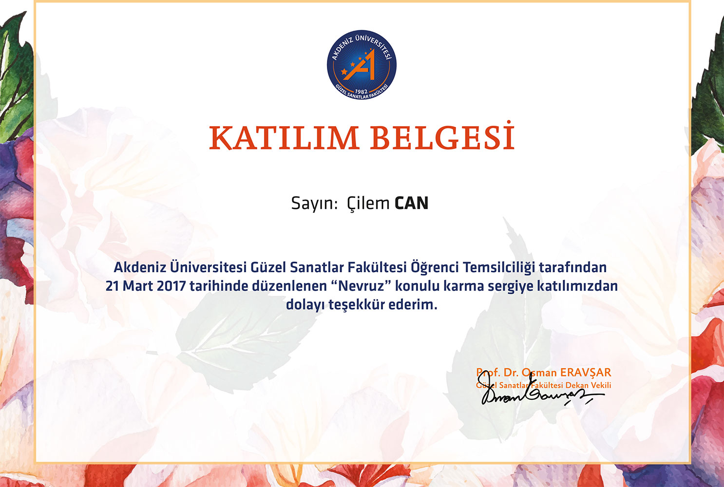 SERİM SERGİSİ KATILIM BELGESİ